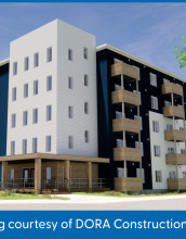 A preliminary architectural rendering of the new development.